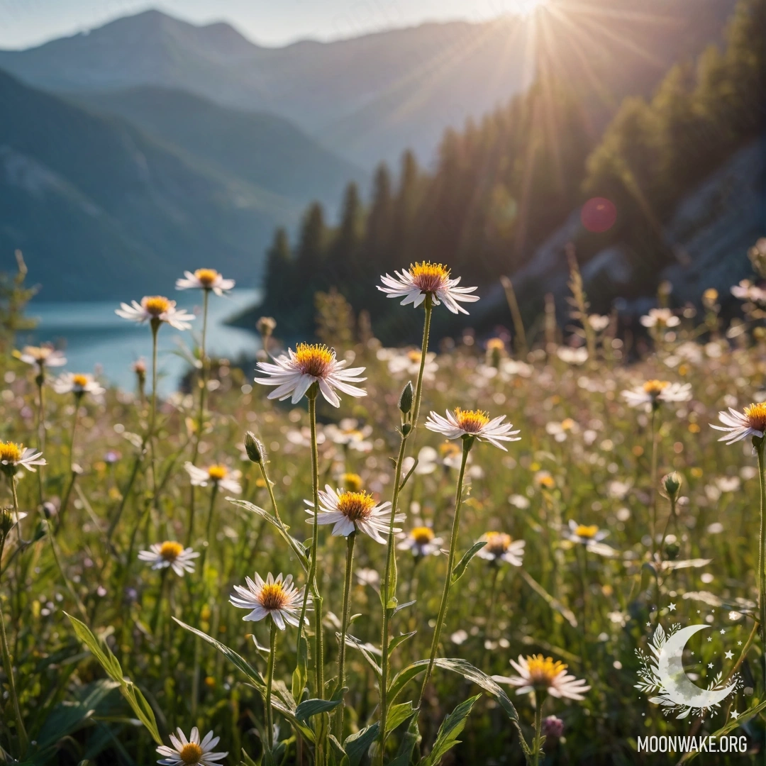 Крупный план нежных полевых цветов на фоне горного озера с боке и блики света.