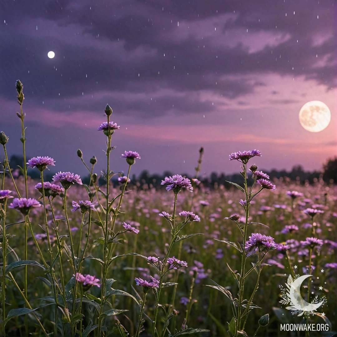 Крупный план нежных полевых цветов на фоне розово-фиолетового неба и луны