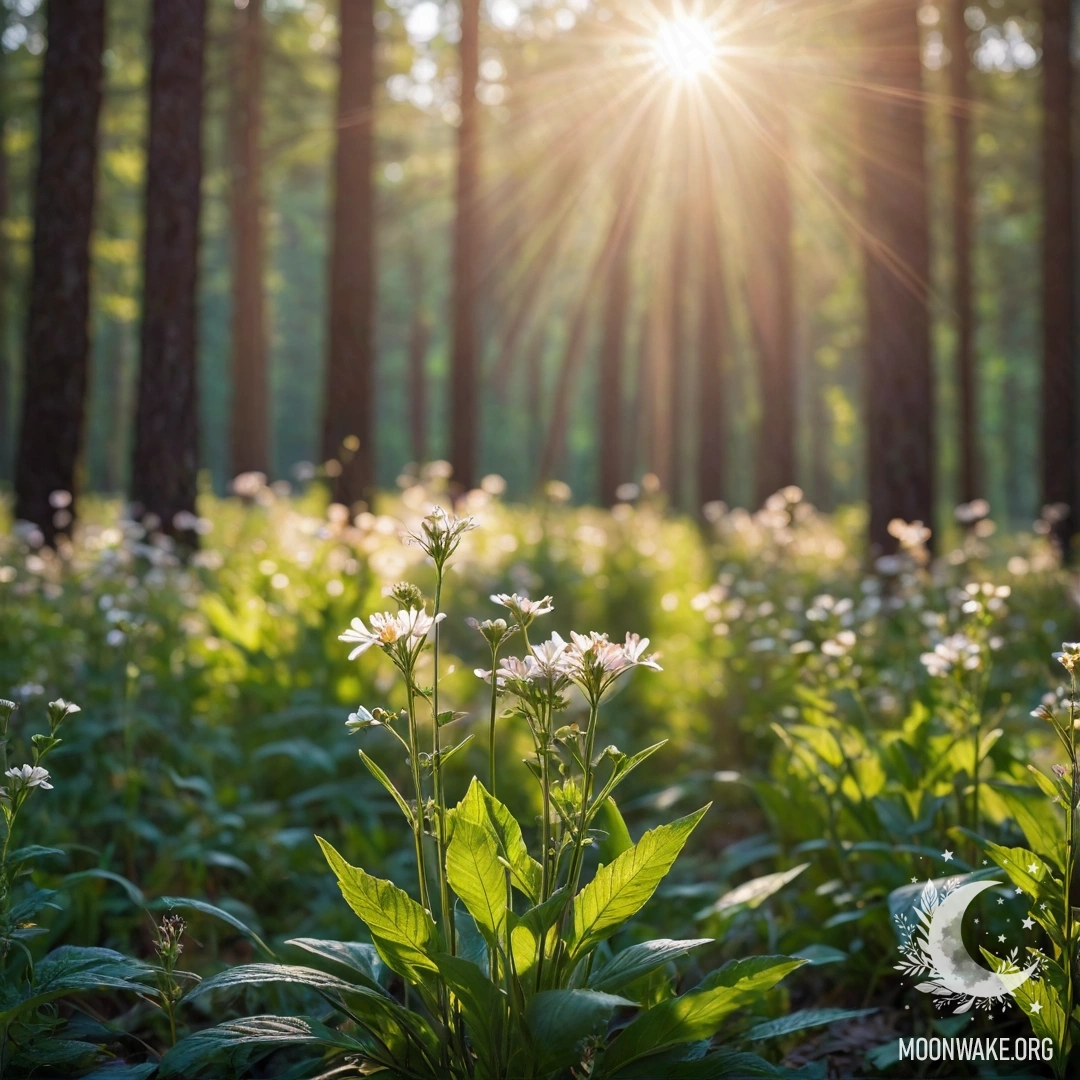 Крупный план нежных полевых цветов на фоне размытого солнечного леса.
