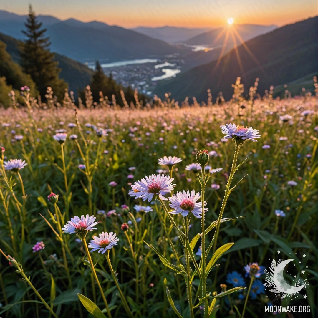 Крупный план милых полевых цветов на фоне размытых гор на закате.