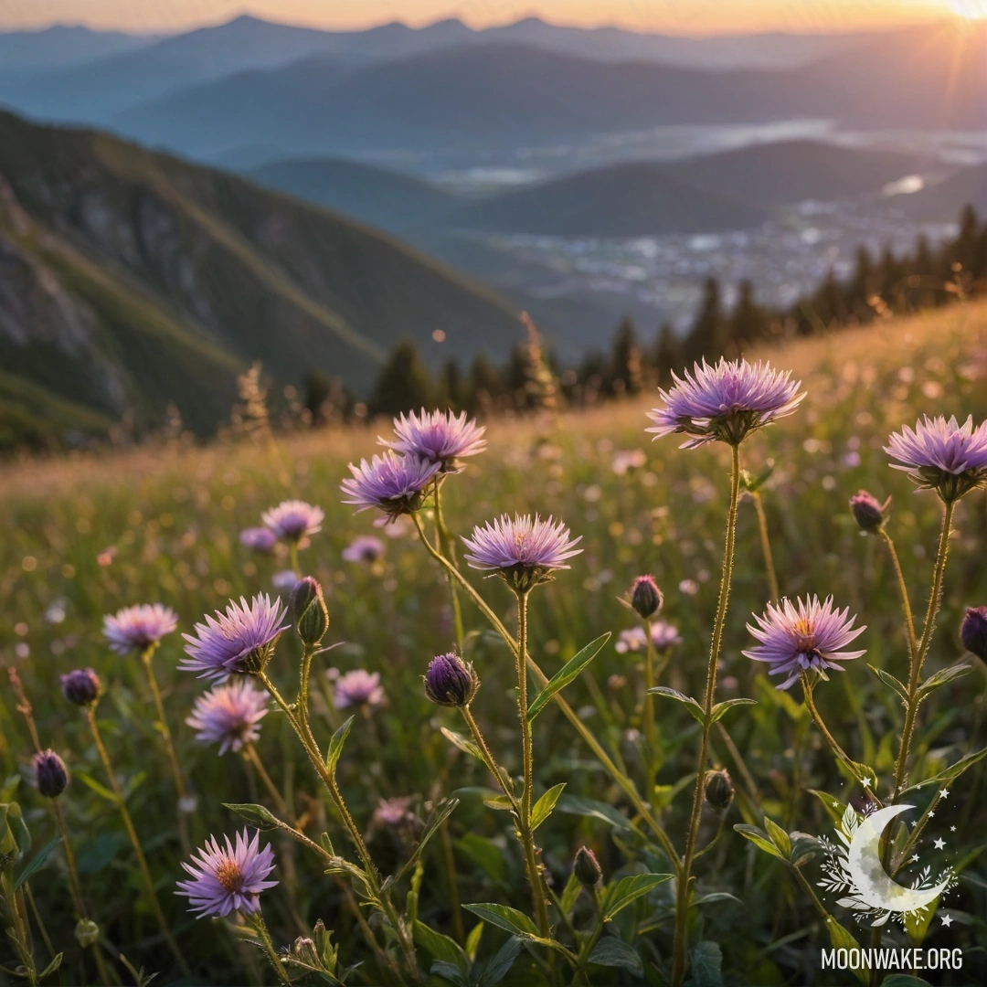 Макроснимок нежных полевых цветов с горным фоном в размытии на закате.