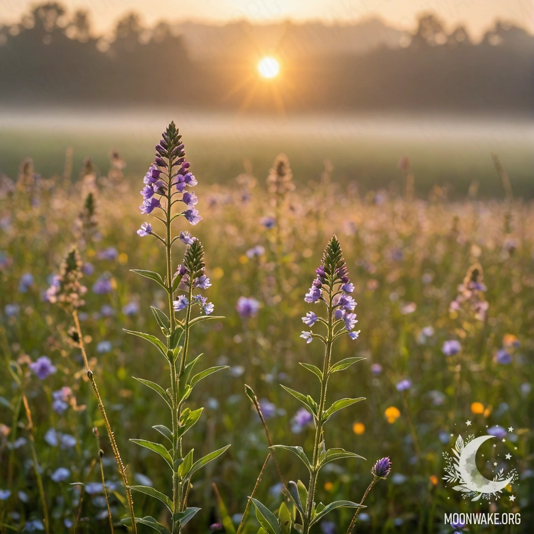 Крупный план нежных полевых цветов на фоне размытости и туманного заката.