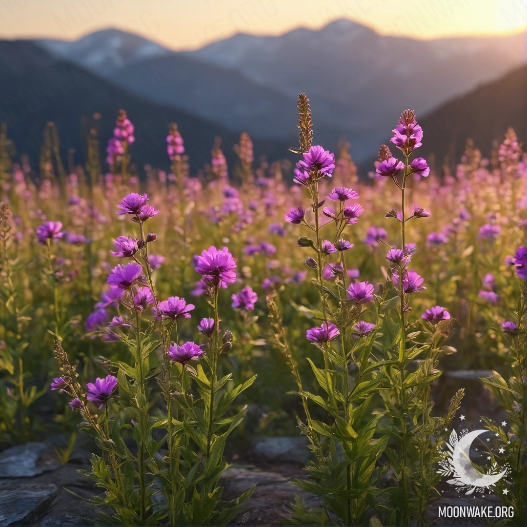 Крупным планом нежные цветы на поле на фоне размытого горного ландшафта на закате.