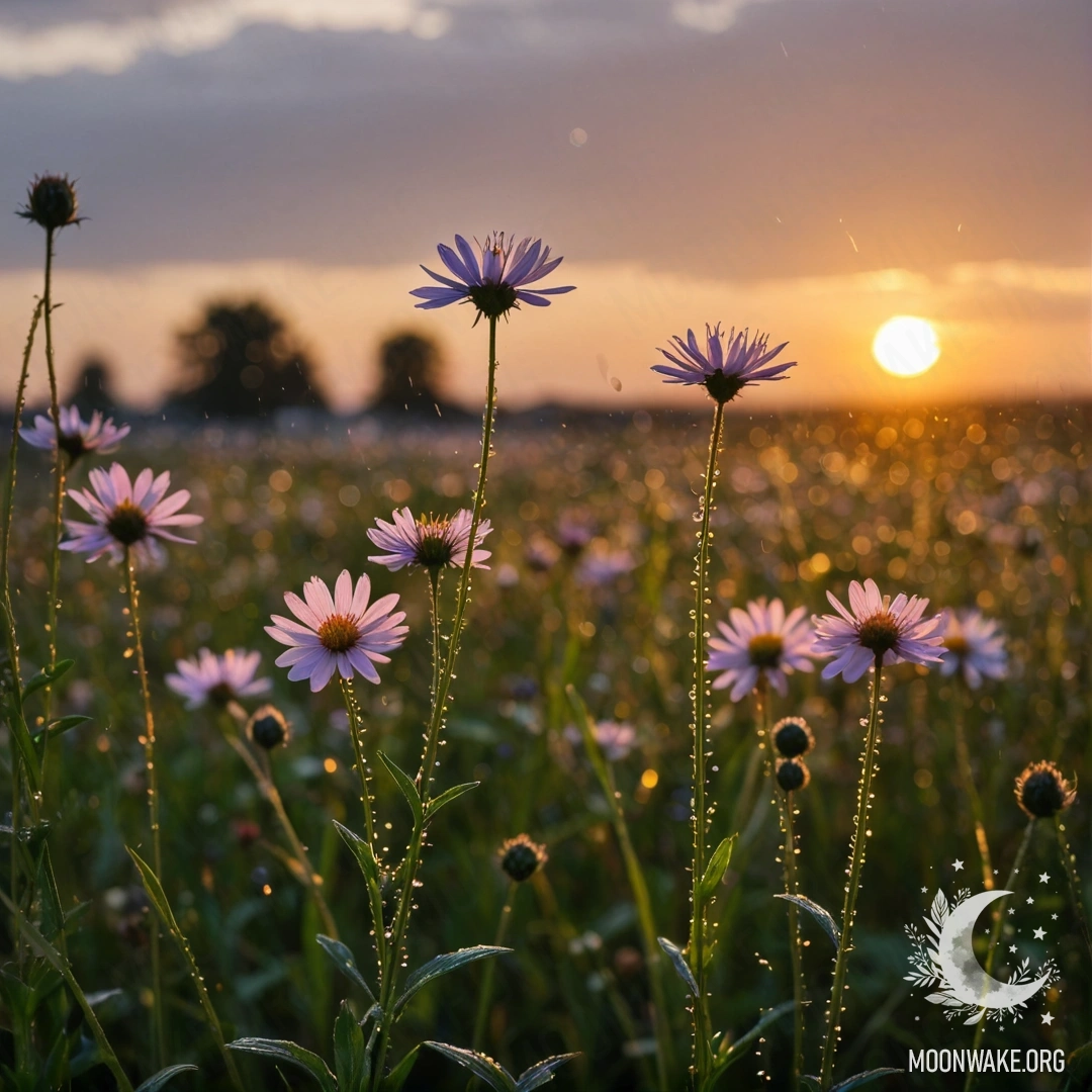 Крупный план нежных полевых цветов с размытым закатом на фоне, освещённым дождём.