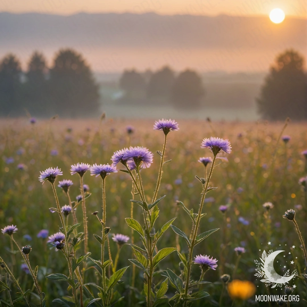 Крупный план нежных полевых цветов на фоне размытого тумана и заката.