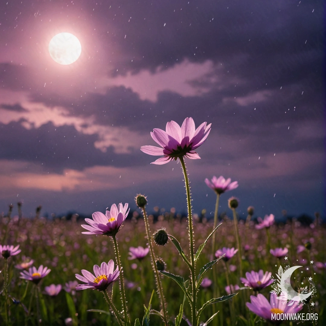 Крупный план нежных полевых цветов на фоне фиолетового неба и луны