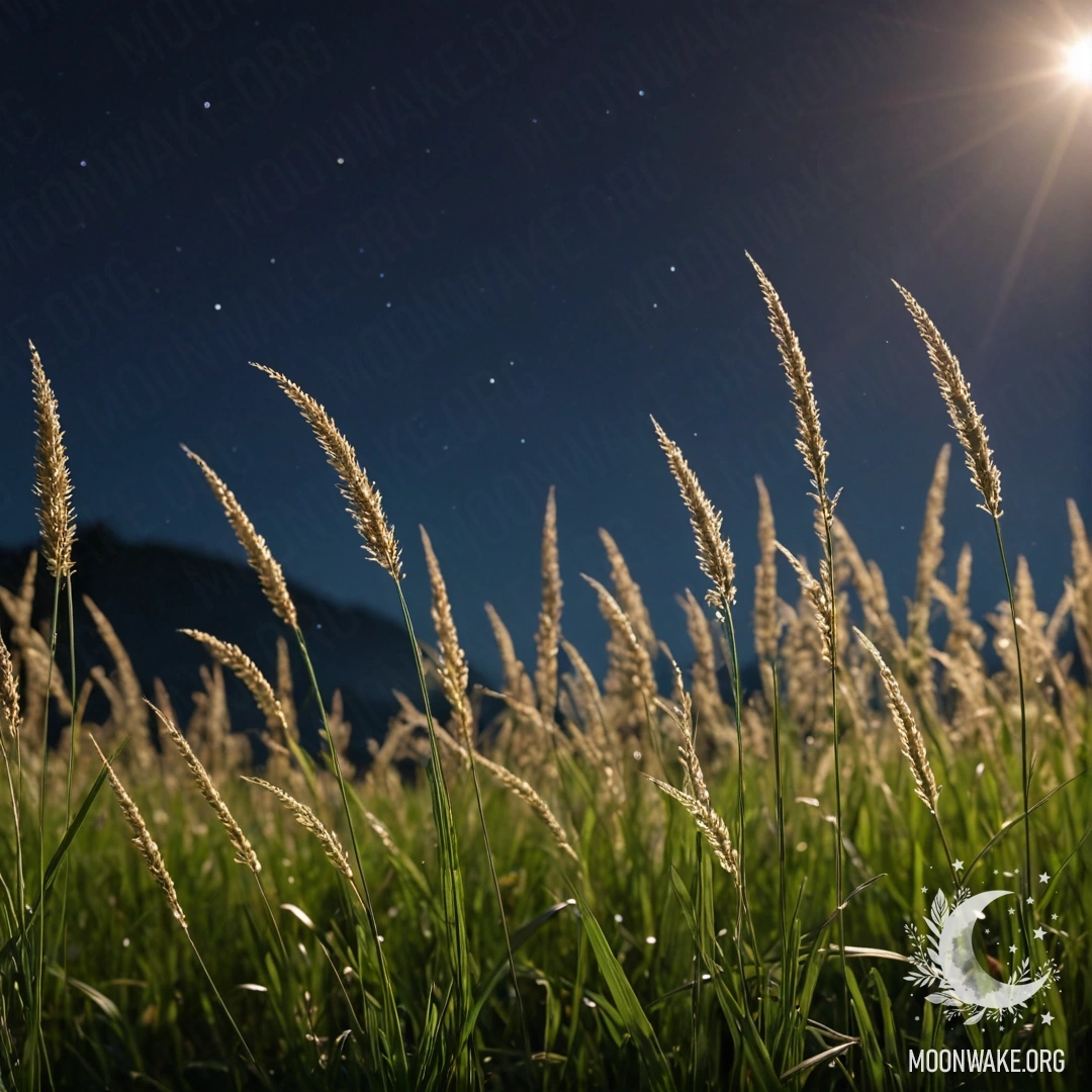 Крупный план нежной полевой травы на фоне размытого ночного неба.