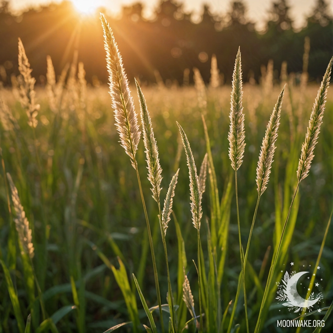 Крупный план нежных трав, silhouett'd на фоне заката с боке.