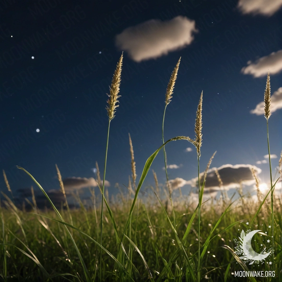 Крупный план тонких травинок на фоне размытого ночного неба с облаками.