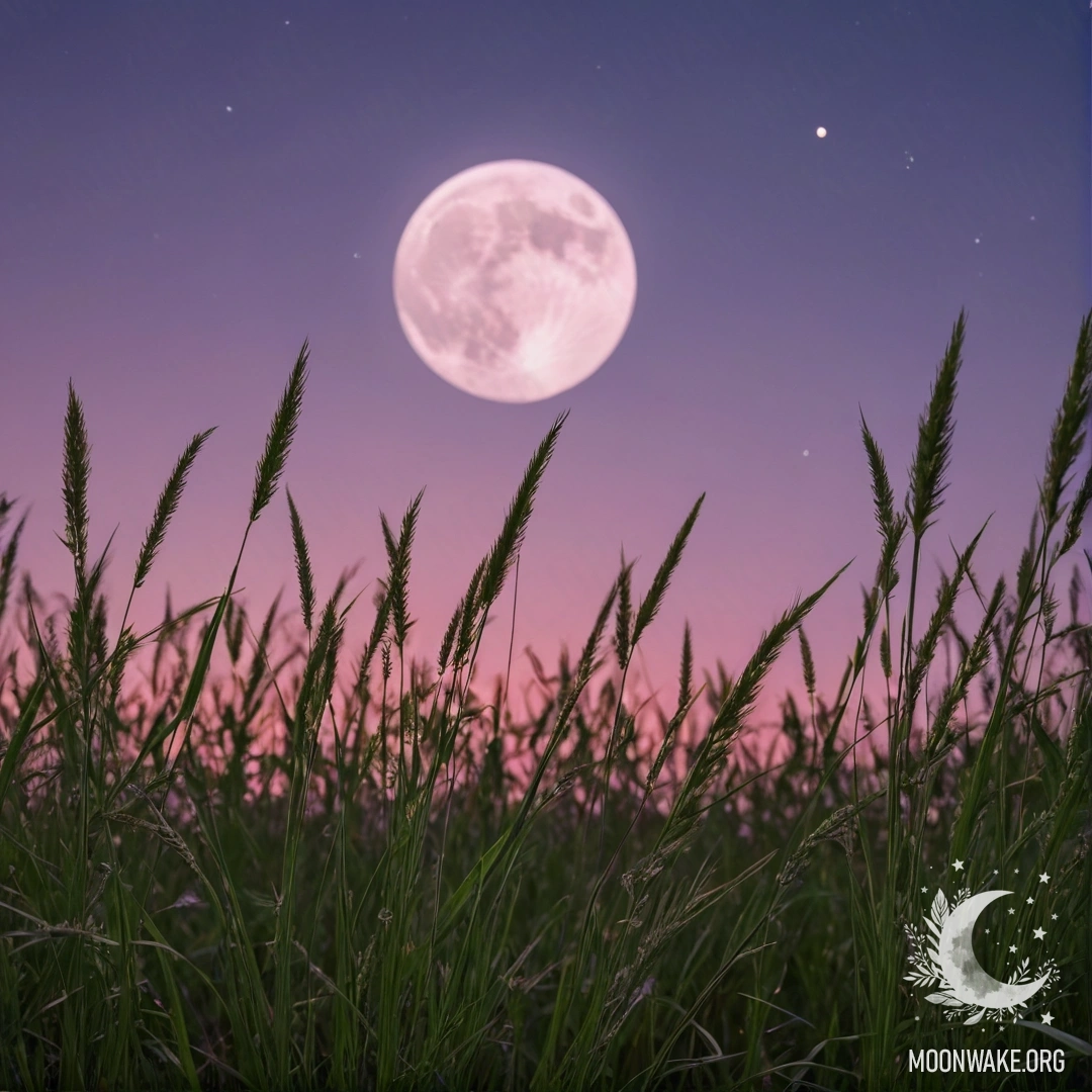 Крупный план нежной травы на фоне розовато-фиолетового неба с луной