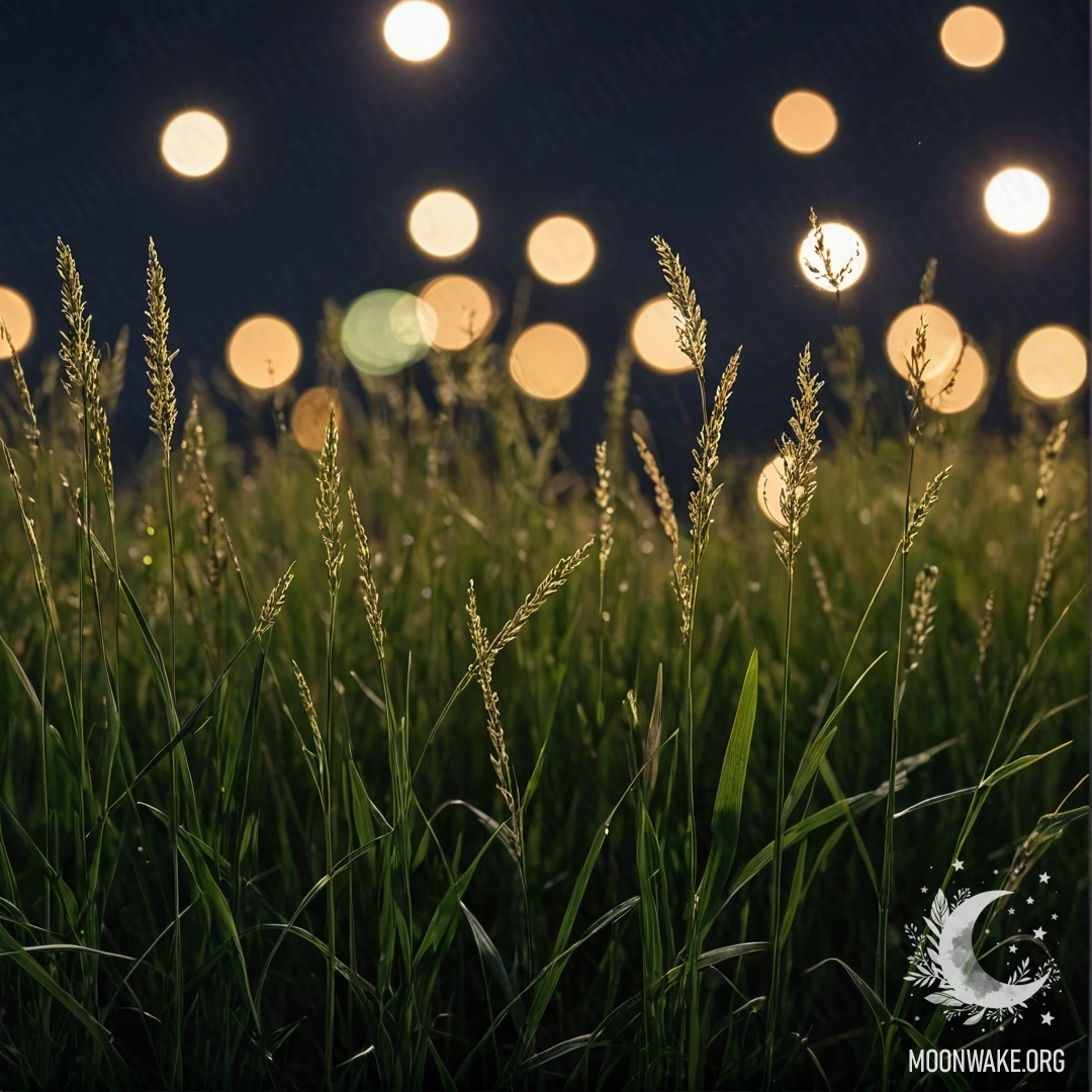 Крупный план нежной травы на поле на фоне мечтательного ночного неба с боке.