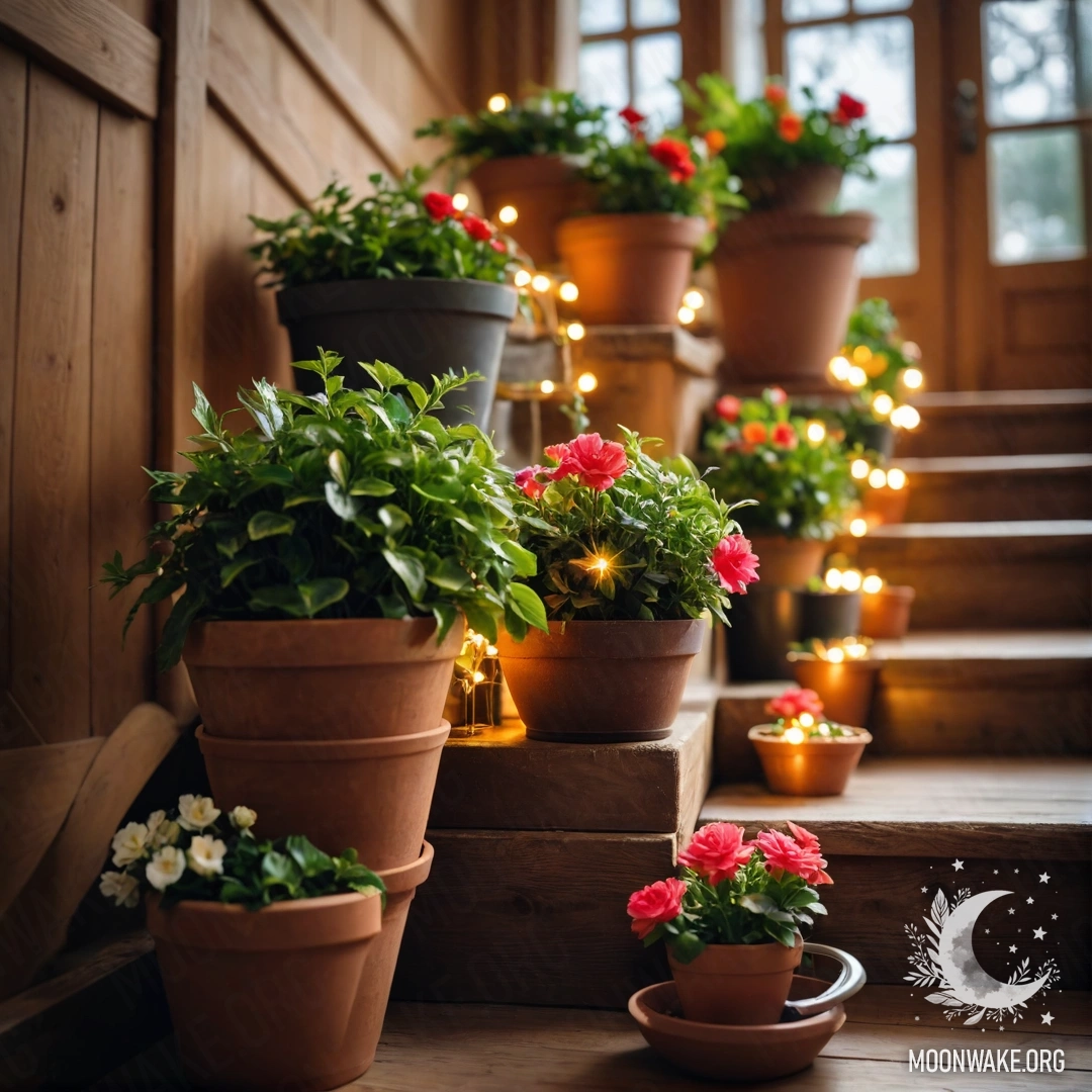 Кашпо с цветами и гирляндами, расположенные на милой деревянной лестнице.