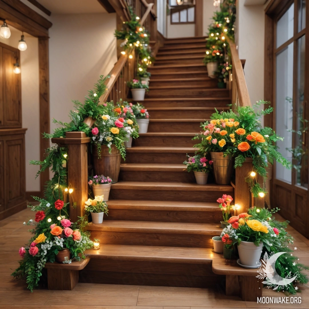Деревянная лестница, украшенная цветочными горшками и мягким светом гирлянды.