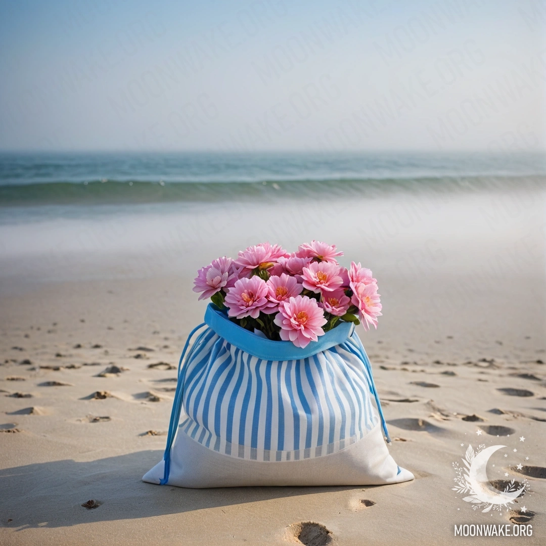 Белая и голубая полосатая сумка с розовыми цветами на песчаном пляже с голубым морем и дымчатым небом.