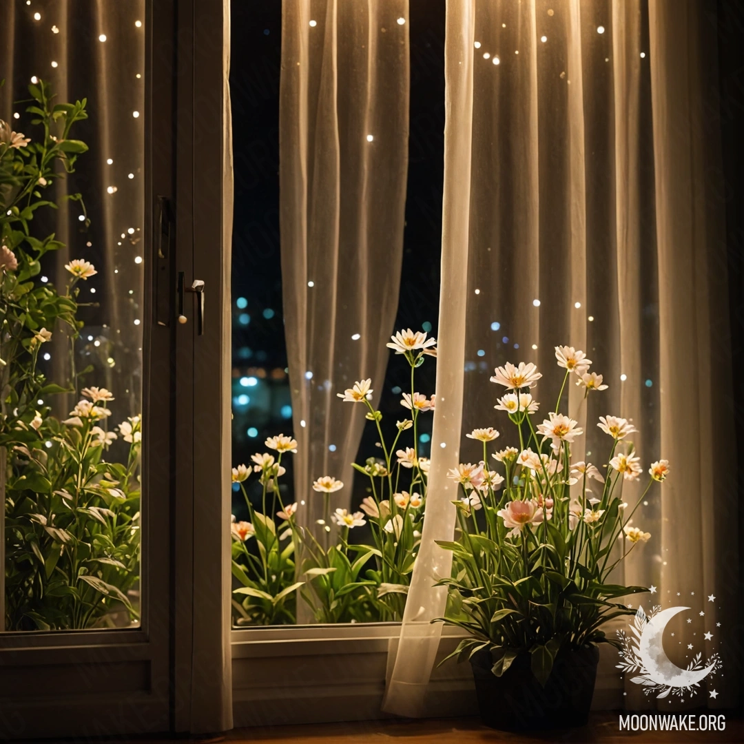 Крупный план нежной цветочной занавески с окном за ней и цветущим садом в боке снаружи ночью.