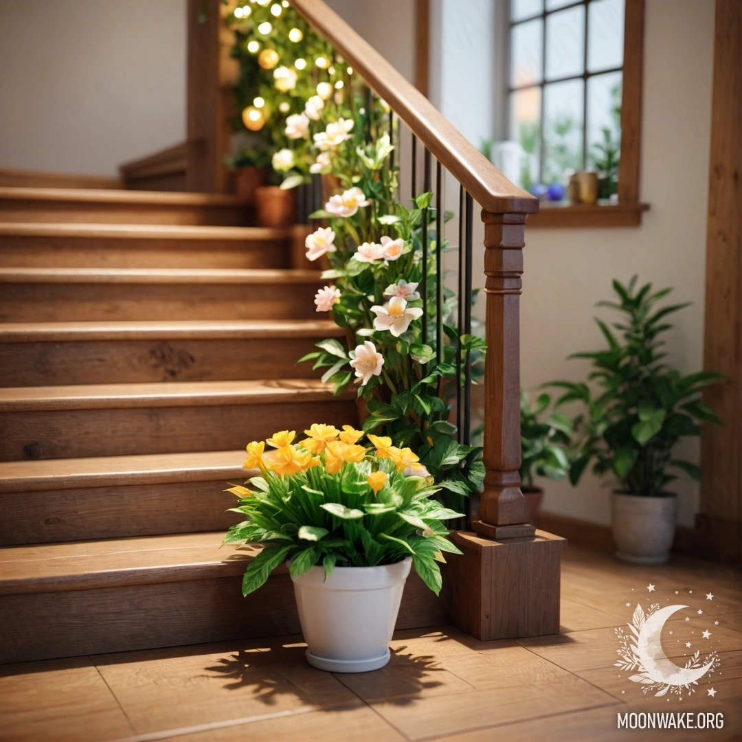 Деревянная лестница, украшенная цветочными горшками и мерцающими огнями