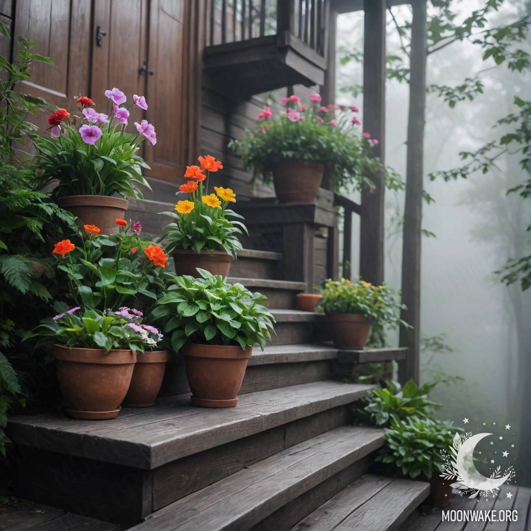 Деревянная лестница, украшенная цветочными горшками, окутанная густым туманом.