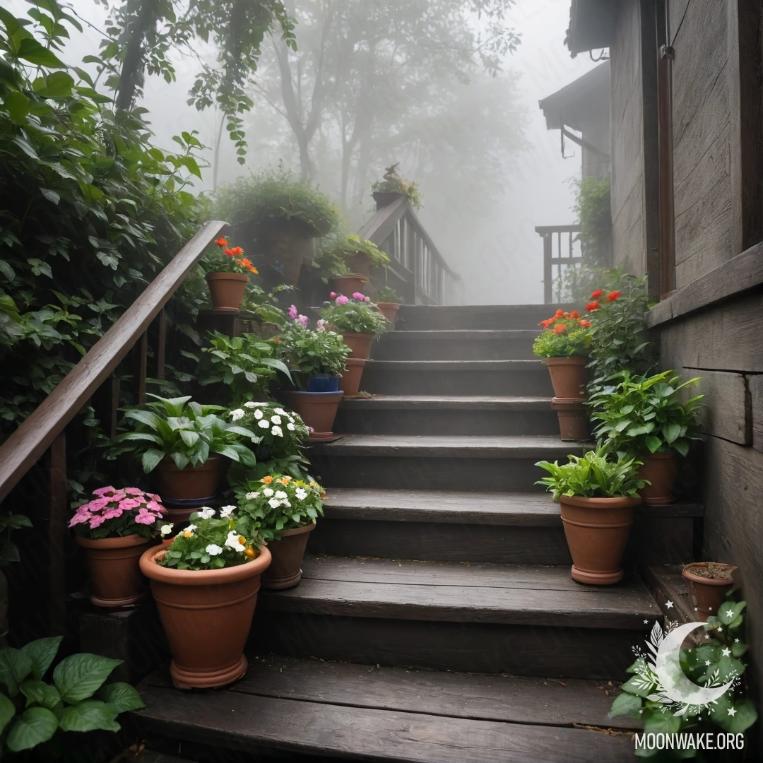 Деревянная лестница, украшенная цветочными горшками, окружённая густым туманом.