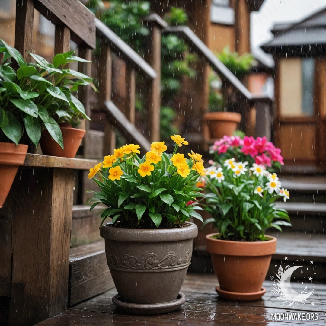 Деревянная лестница с цветочными горшками снизу, промокшими под дождем.