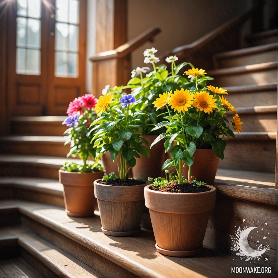 Деревянная лестница, украшенная цветочными горшками, купающимися в солнечном свете.