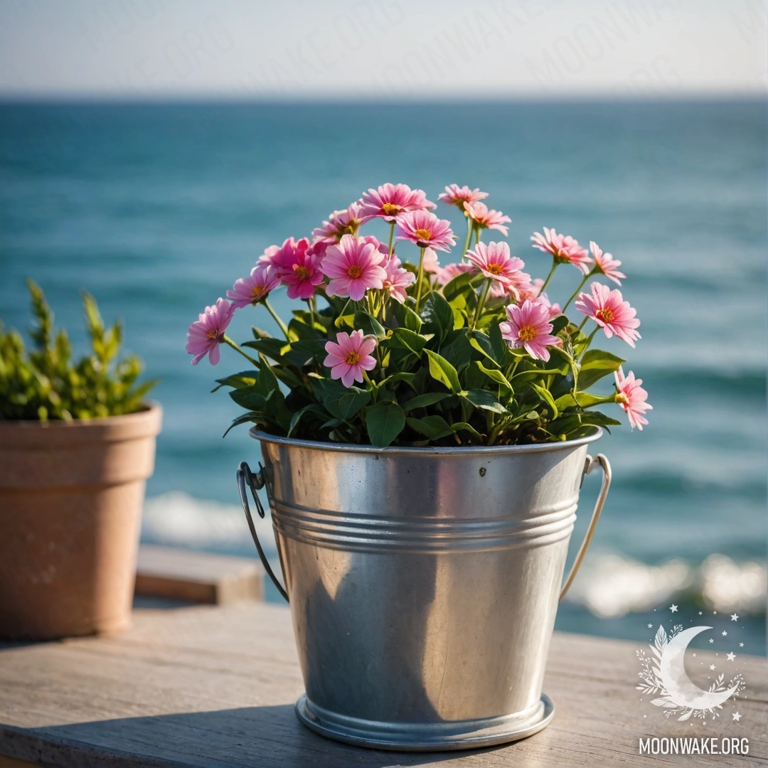 Небольшое ведерко с нежными цветами на фоне моря.