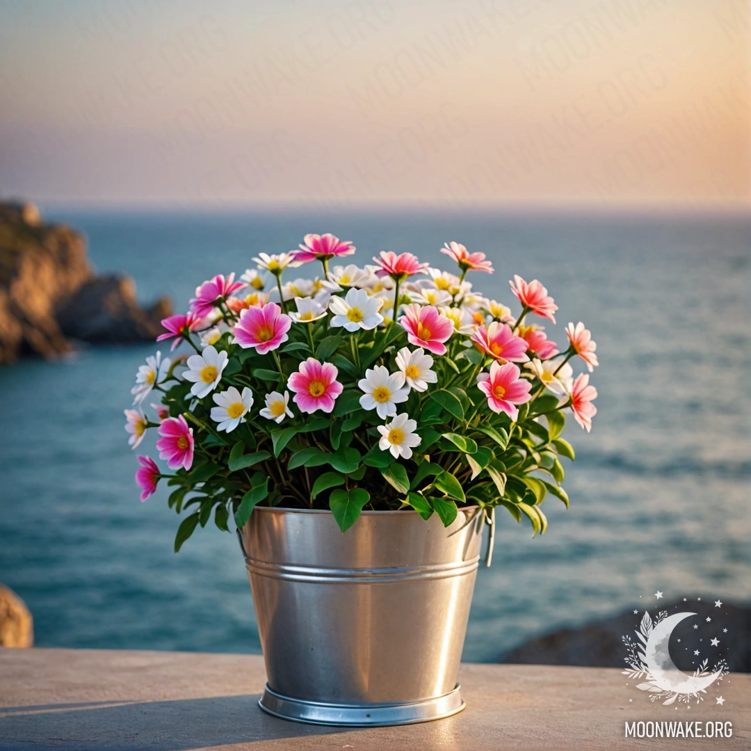 Металлический горшок в форме маленького ведра, наполненный милыми цветами, на фоне размытого моря с мягким светом з Garland.