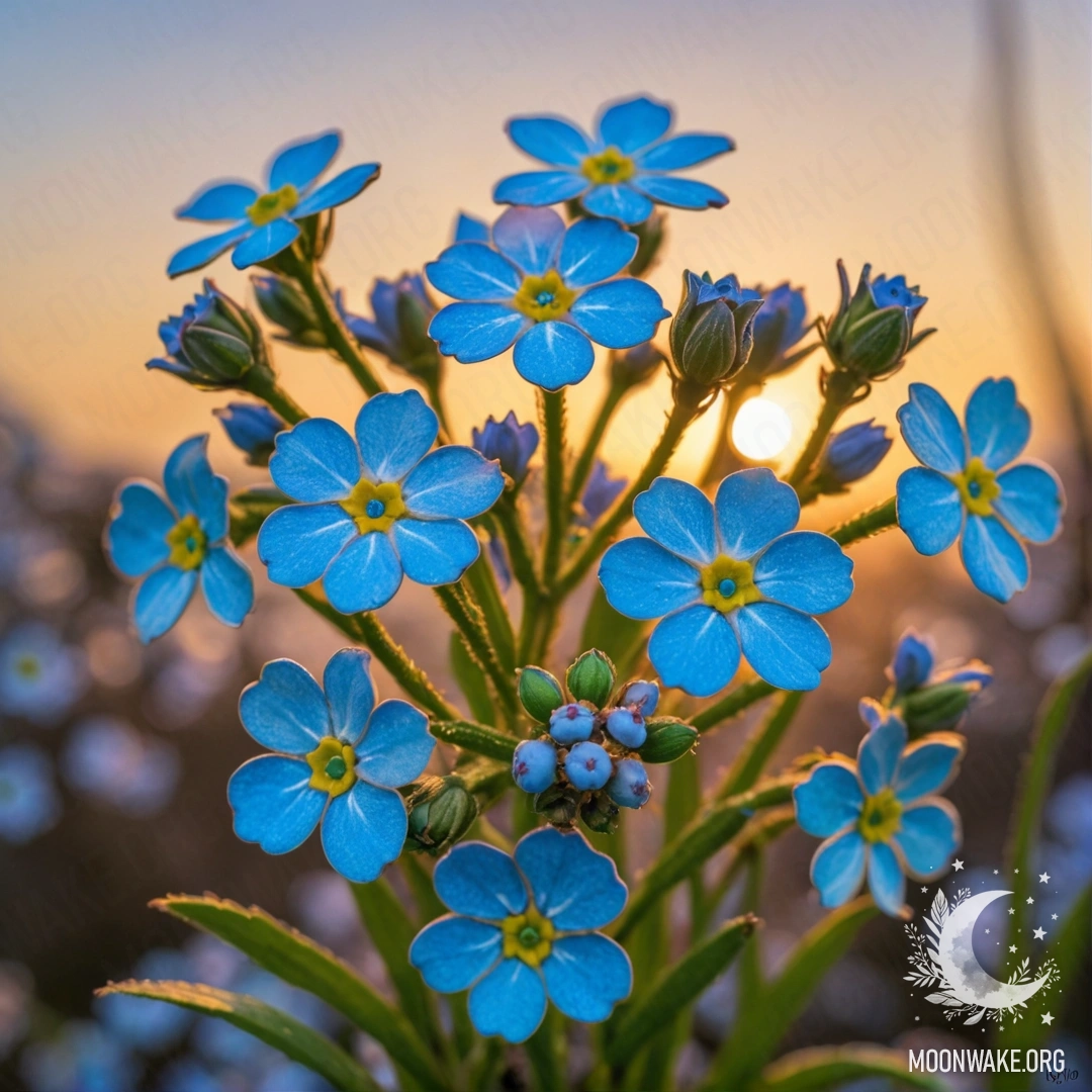 Спокойный пейзаж нежных незабудок зеленого цвета с блестками на закате.
