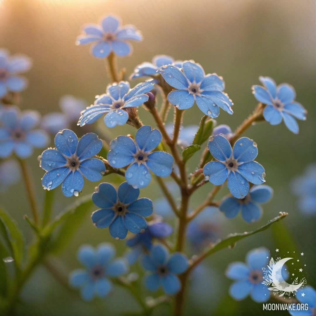 Нежные незабудки с капельками росы на закате, в пастельных тонах.