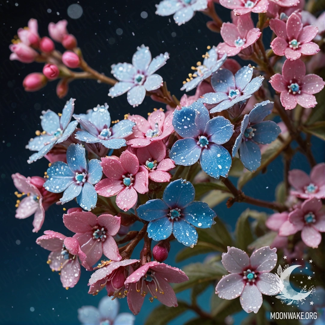 Спокойный ночной пейзаж с нежными незабудками в морозе, украшенными фуксиевыми пайетками.