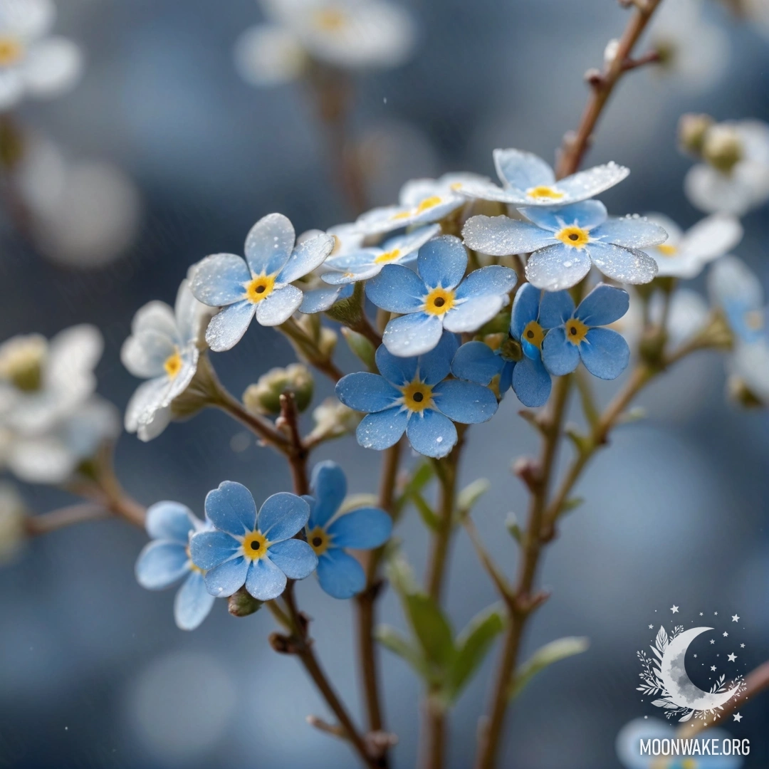Группа нежных незабудок, окруженных морозом, в ночное время.