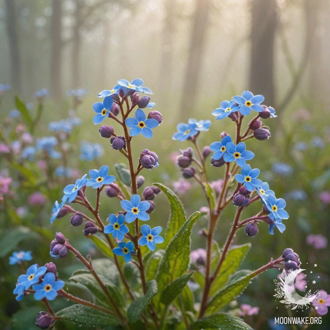 Нежная картина с розовыми незабудками в окружении тумана и солнечных лучей.