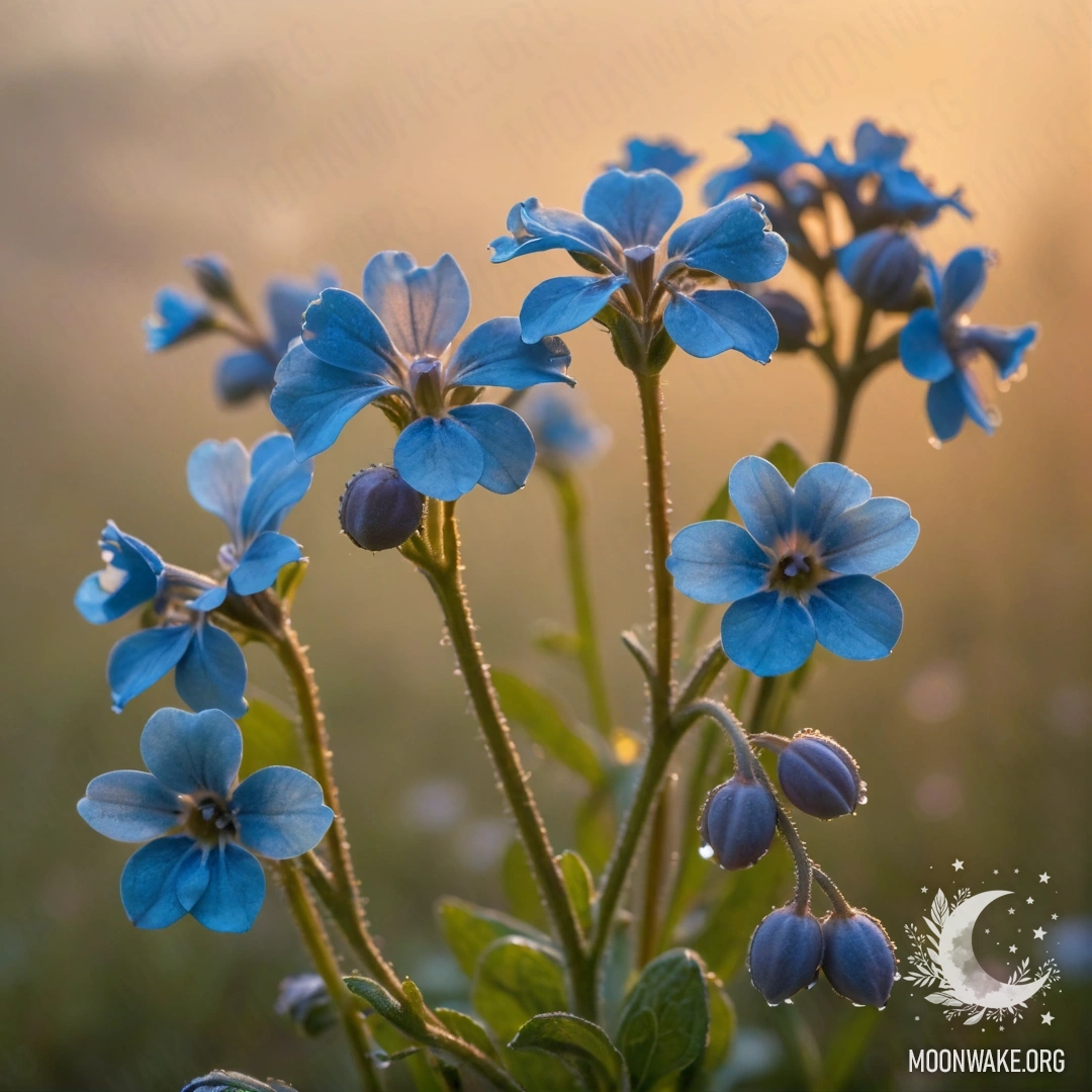 Мечтательная сцена нежных незабудок мятного цвета в тумане во время заката, с сверкающими стразами.