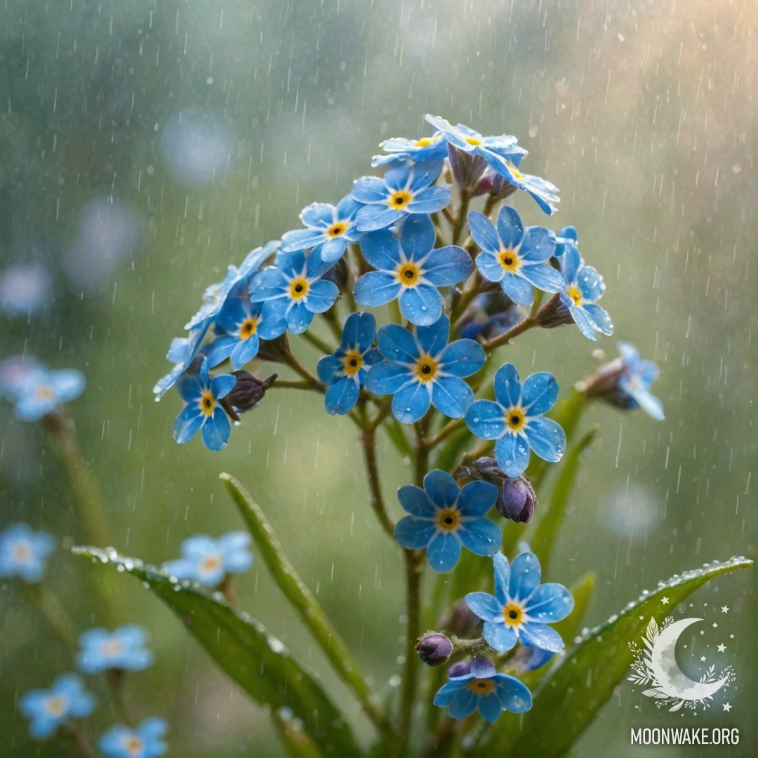 Букет нежных небесно-голубых незабудок в тумане и дожде на фоне солнечного света.