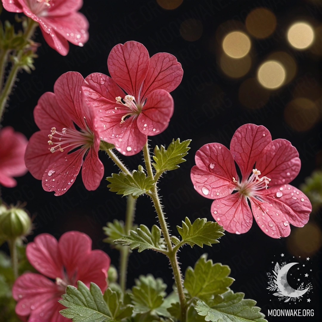 Нежный герань оливкового цвета, освещенный ночью, украшенный блестками.