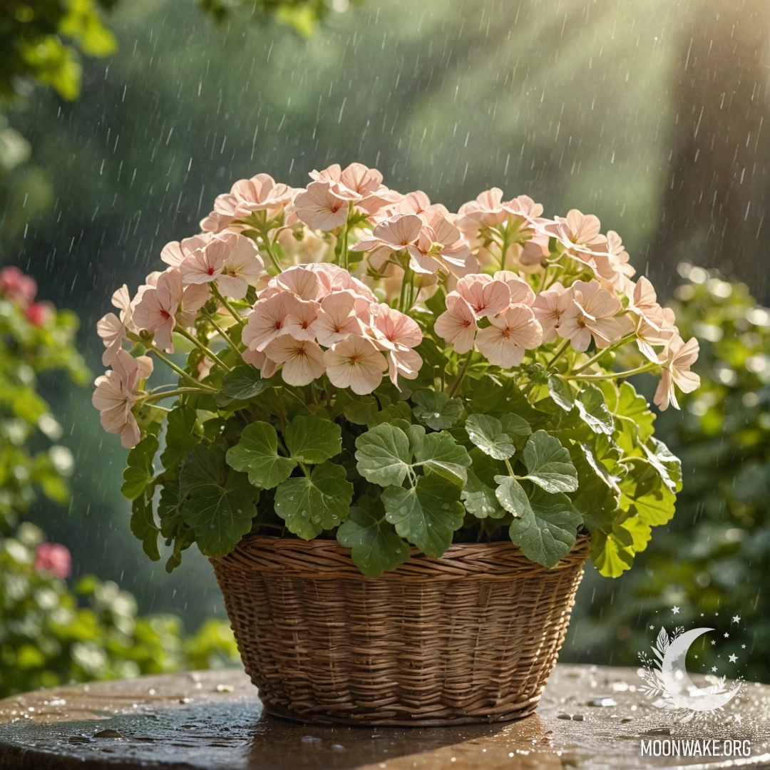 Корзина с нежным геранем кремово-желтого цвета, сверкающим под дождем и солнечными лучами.