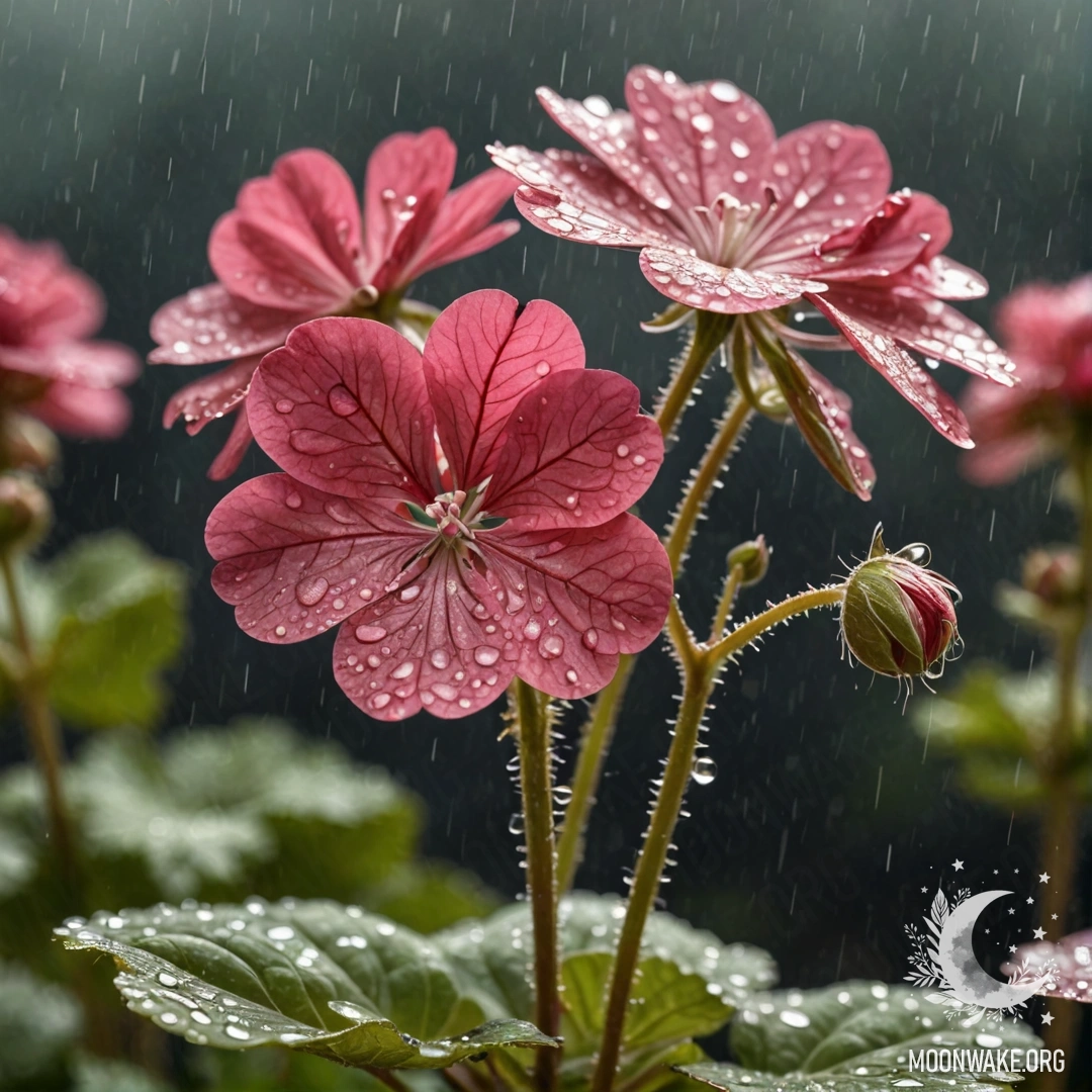 Милый цветок герани с блестками кофейного цвета под дождем.