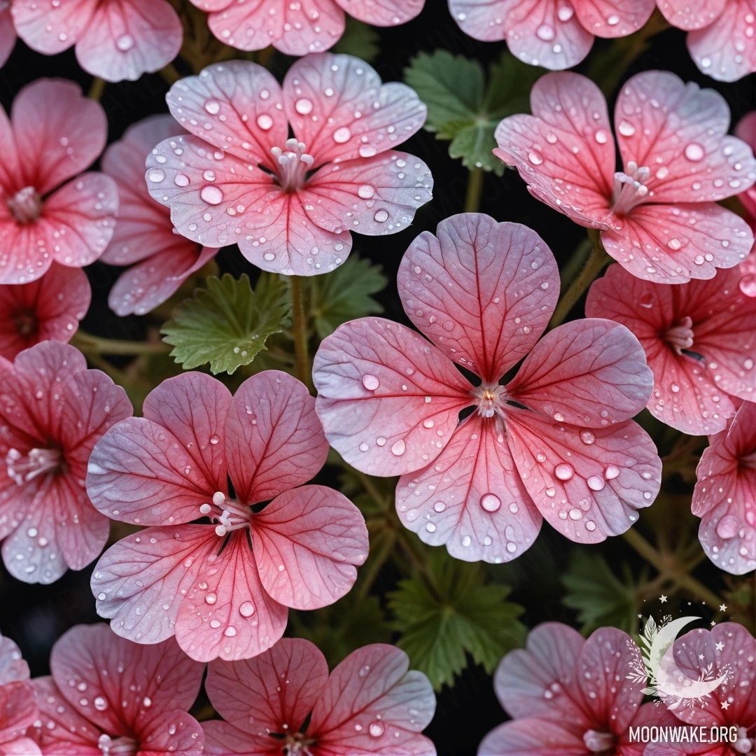 Нежная акварельная картина с геранями, украшенными росой под ночным небом.