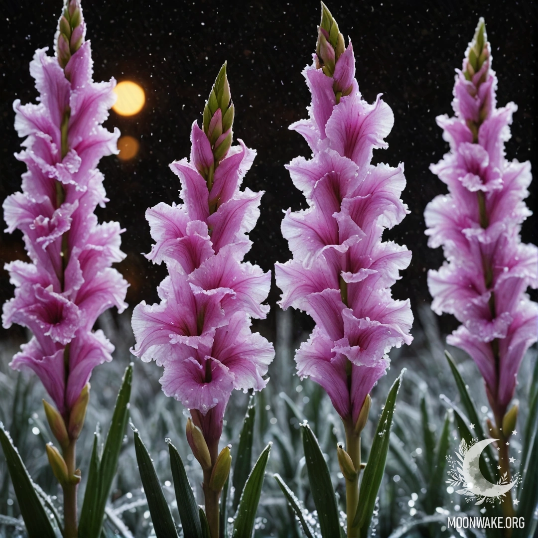 Фиолетовый цветок гладиолуса, окруженный морозом, ночью.