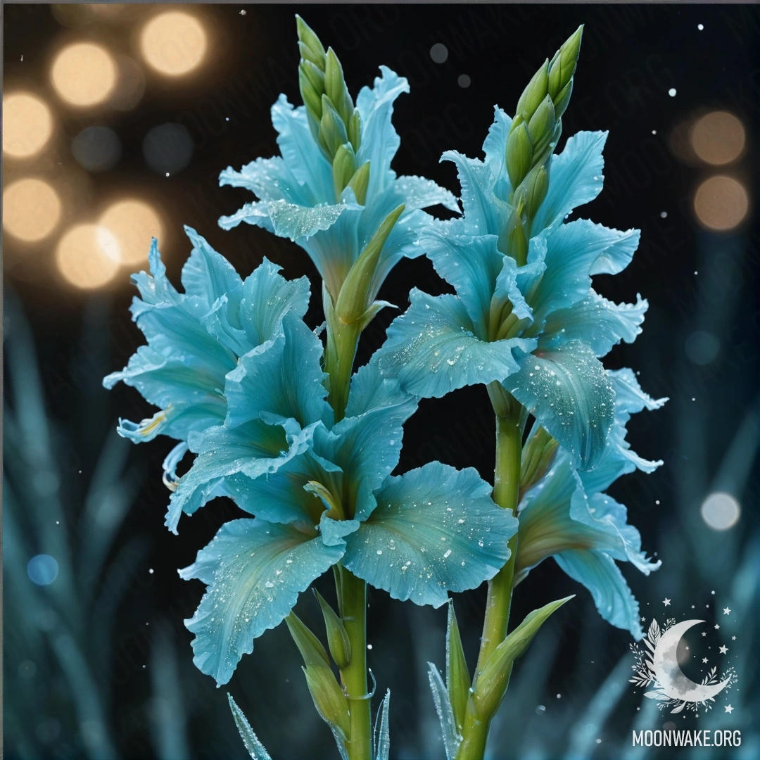 Милый цветок гладиолуса, покрытый инеем ночью с пайетками в зелено-голубых тонах.