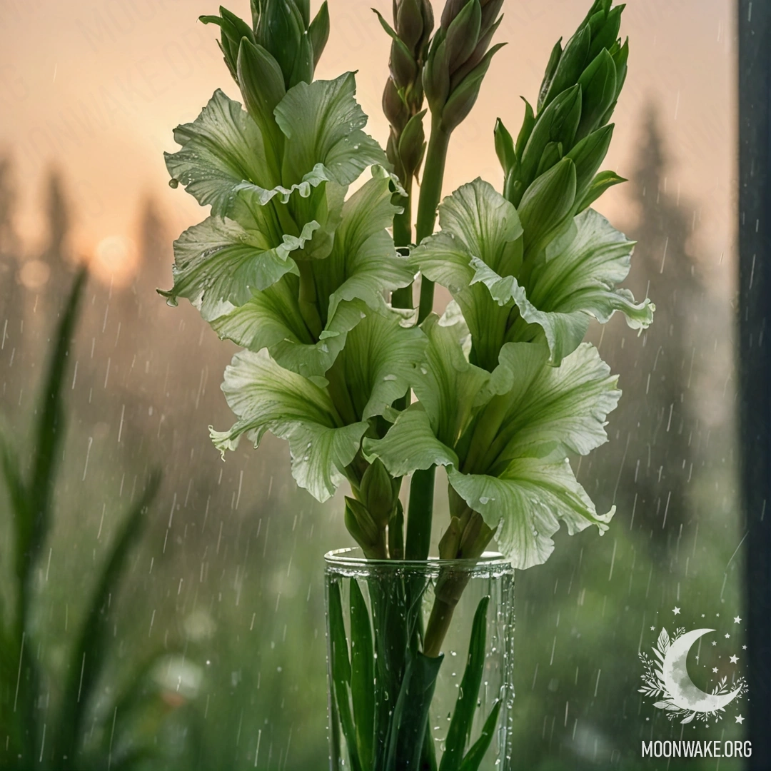 Нежный зеленый гладиолус в вазе, окруженный туманом и дождем на закате.