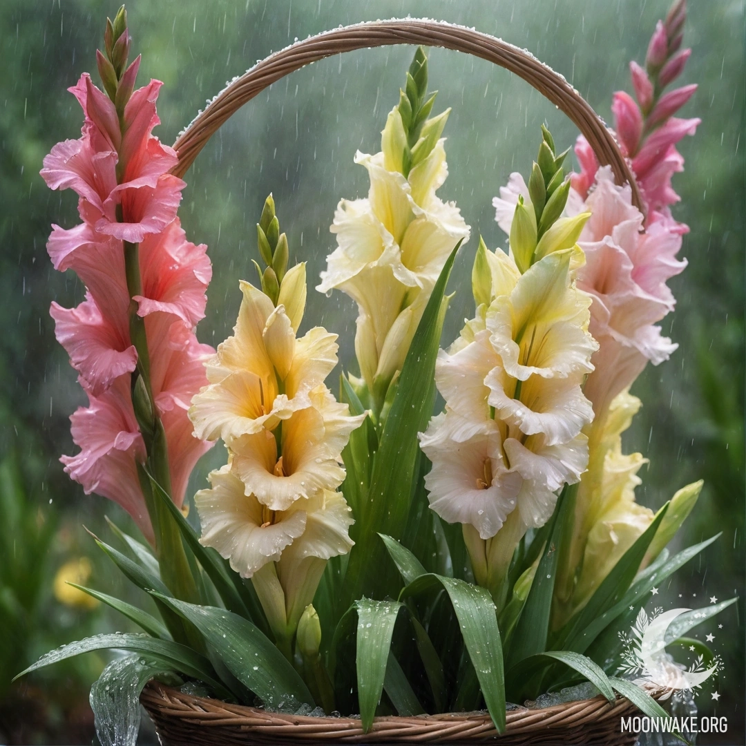 Нежный гладиолус в корзине, окружённый туманом и дождём с солнечными лучами.