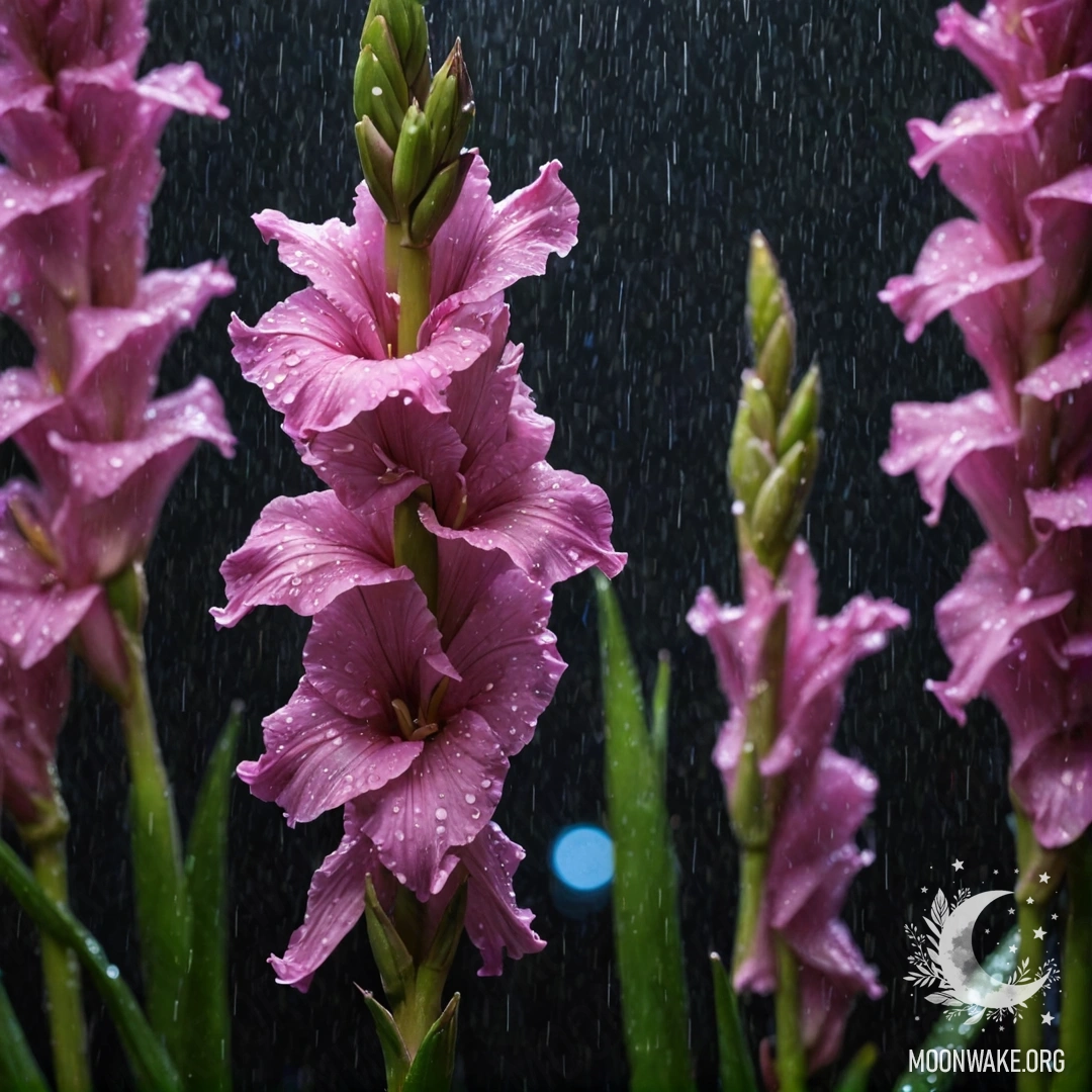 Фиолетовые цветы гладиолуса, промокающие под дождем ночью.