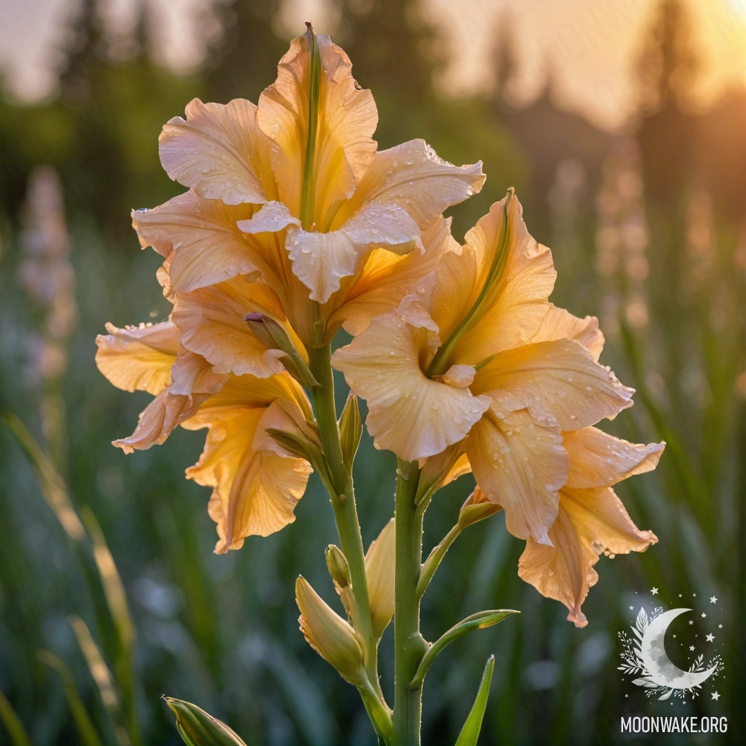 Лаймовый гладиолус с каплями росы на фоне заката.