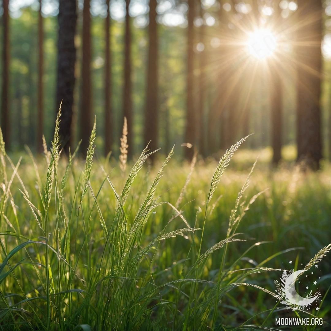 Крупный план нежной полевой травы на фоне леса с эффектом боке и солнечными лучами, пробивающимися сквозь деревья.