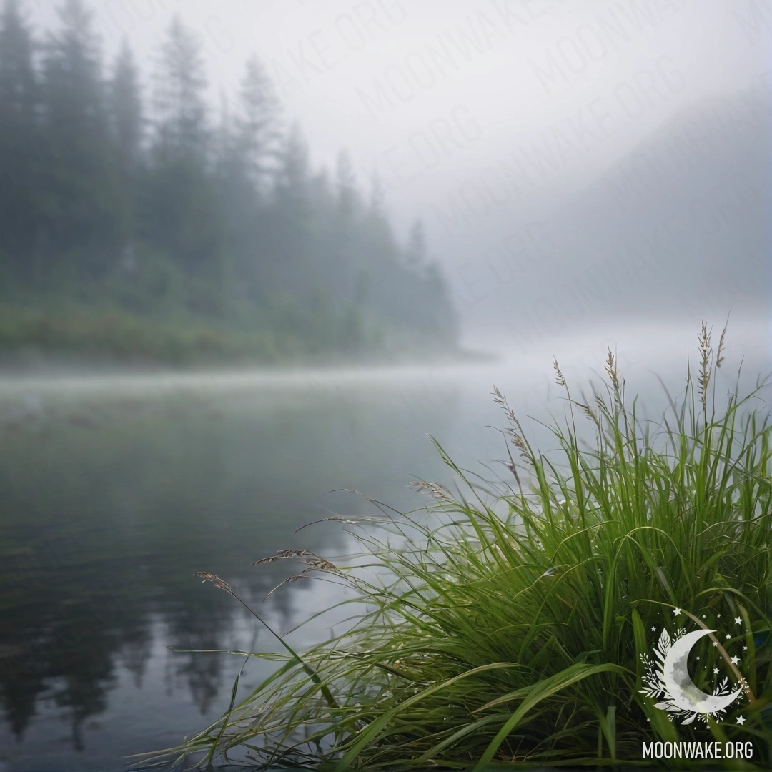 Крупный план нежной травы с размытым фоном горного озера, окутанного плотным туманом.