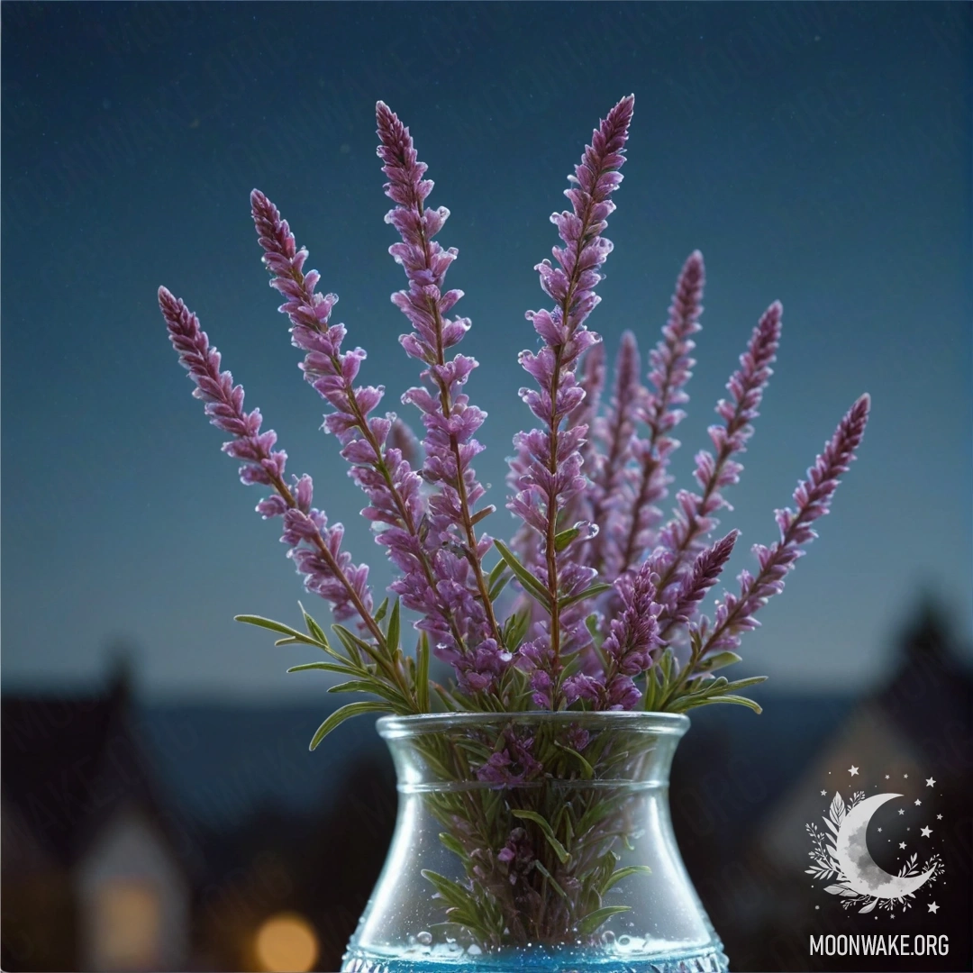 Ваза с нежным вереском, украшенная каплями росы в ночное время.