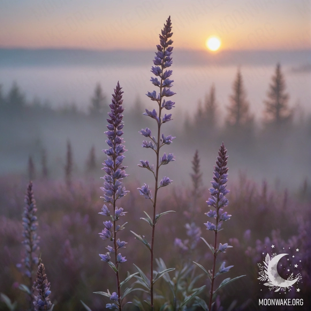 Спокойный образ нежного вереска в тумане на закате, с блестками цвета небесной синевы, изображенный в технике акварельной рисовки тушью.