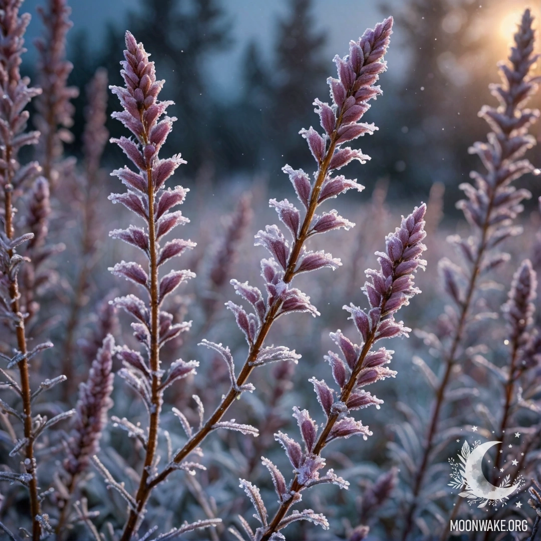 Нежный вереск, покрытый инеем, под звёздным ночным небом.