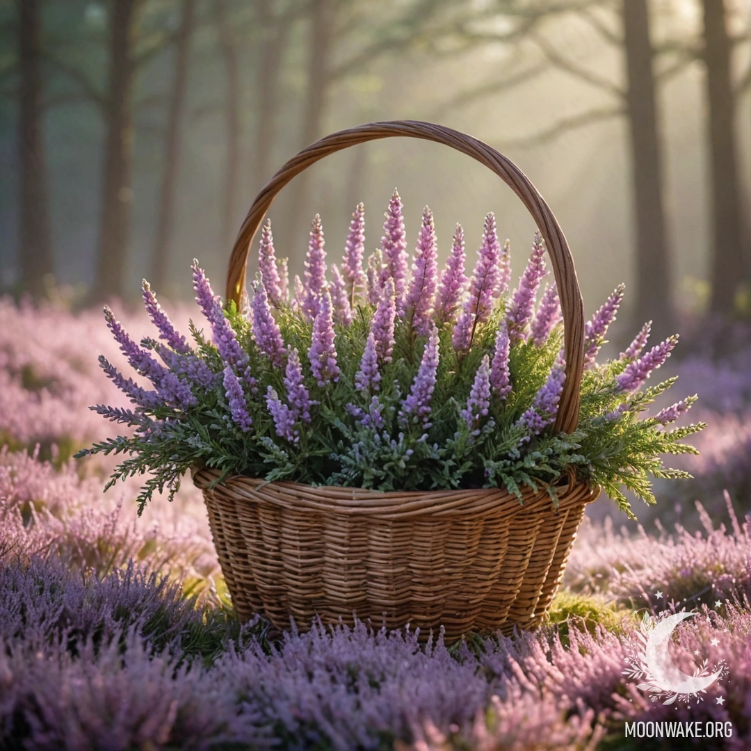Корзина с нежным вереском, омываемым мягким солнечным светом.