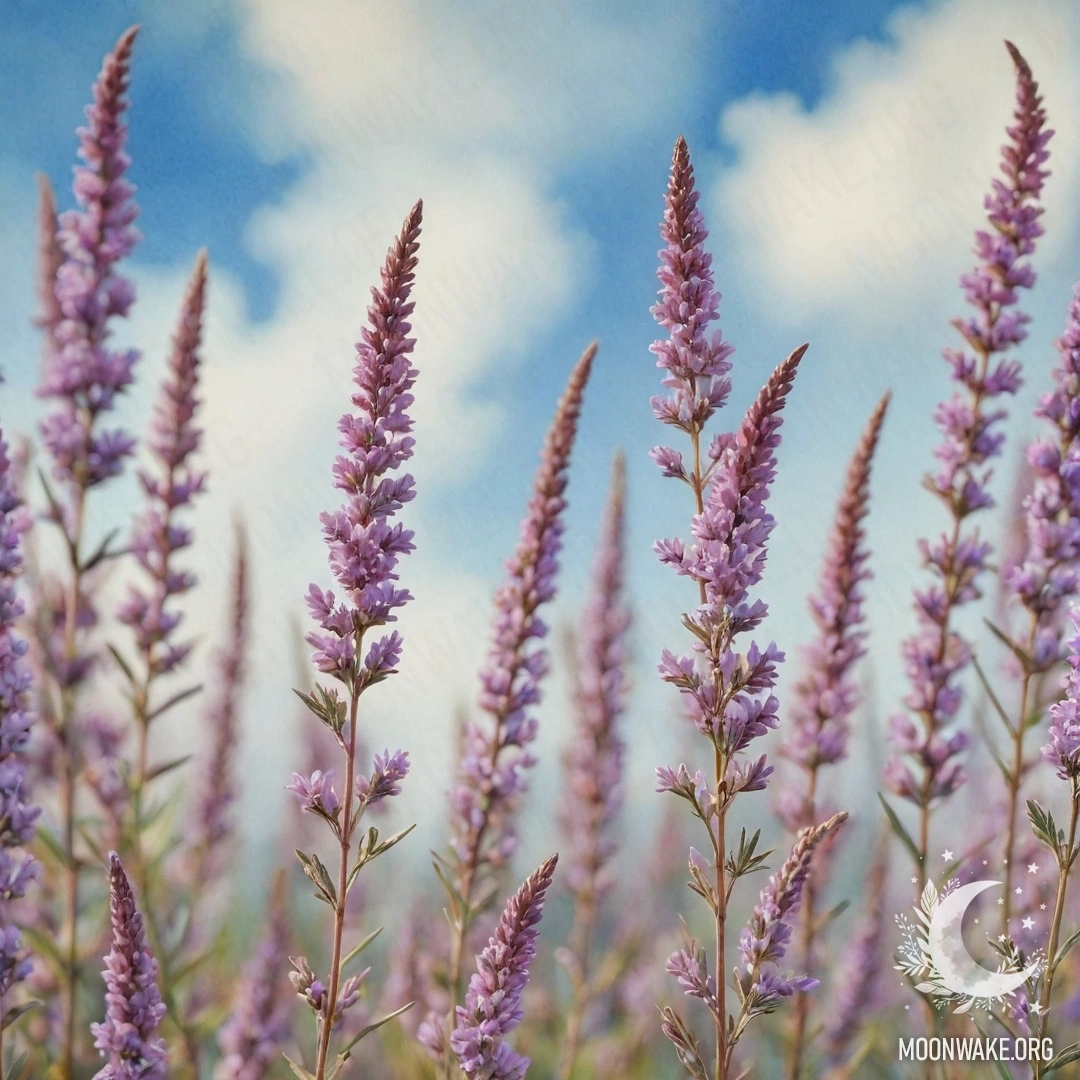 Водяная живопись с нежными цветами вереска на небесно-голубом фоне.